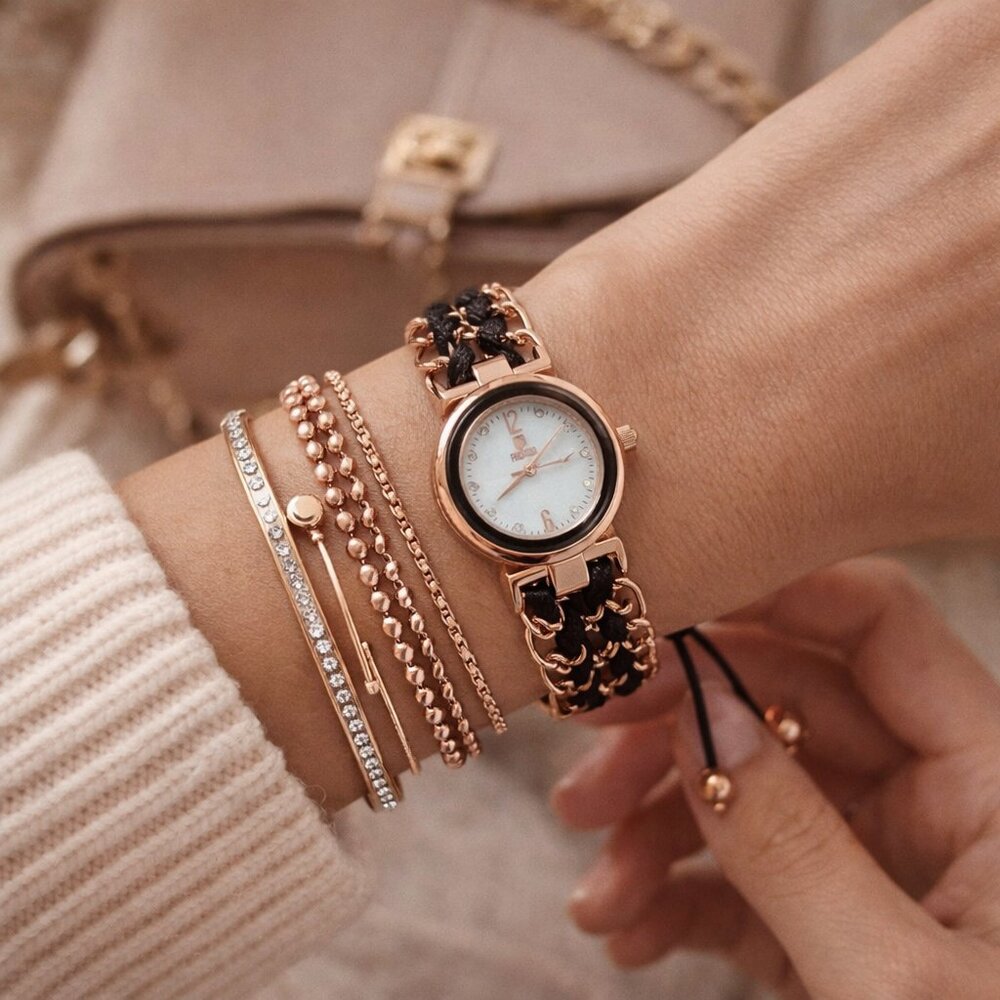 Montres Prestige Black Braided Bracelet Watch Rose Gold Boho Cottagecore
